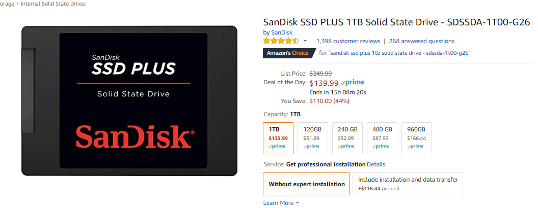 SanDisk SSD PLUS 1TB Solid State Drive - SDSSDA-1T00-G26 $139.99