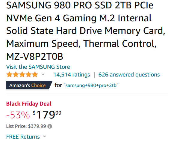 US] - Samsung 980 Pro NVMe 2TB GEN4 $179.99