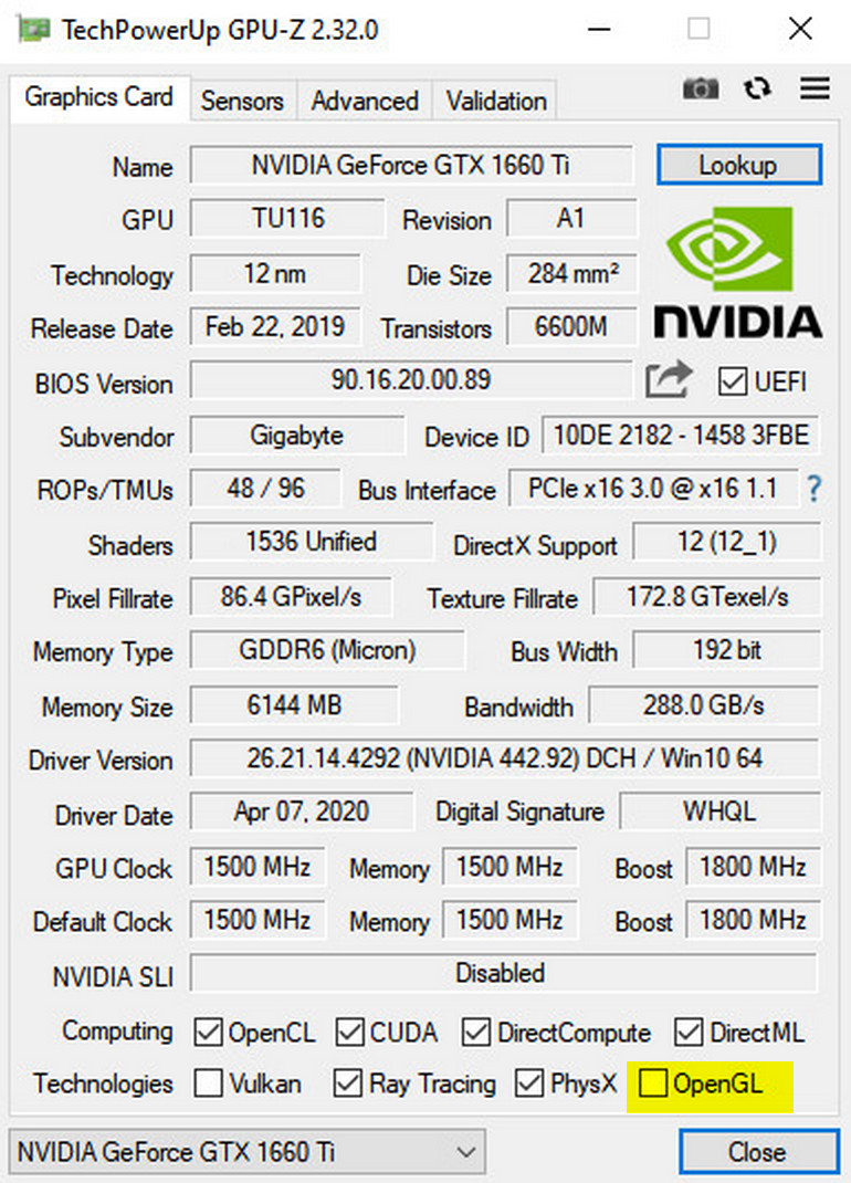 Nvidia GeForce GTX 1660 TI; GPU-Z report "No OpenGL" (not ticked). Card-error..? Or can it be something else? TechPowerUp