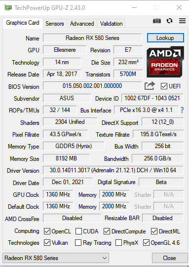 Suspected Asus Dual RX580-O8G issue with old vbios not having the
