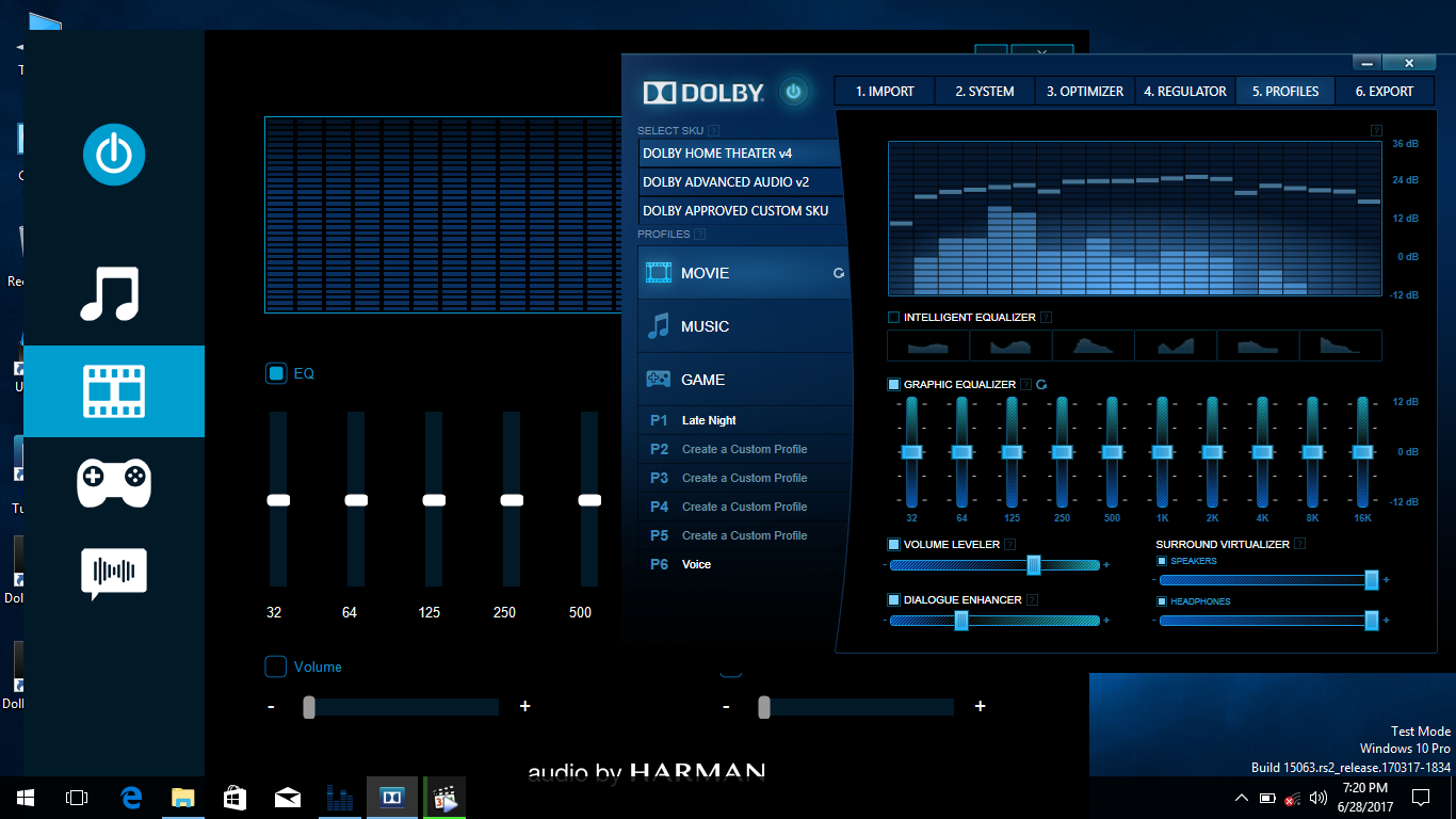 Windows 10 pro звук. High Definition Audio эквалайзер. Dolby Home Theater v4 профили.