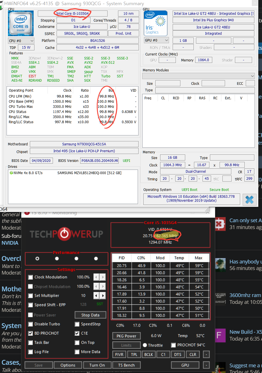 Throttlestop shows that my icelake cpu's bus clock is 62MHz , while cpu-z  and hwinfo shows that it is 100MHz