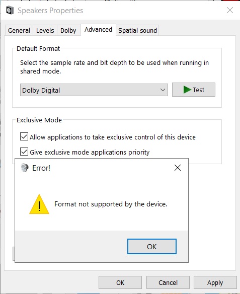 Speakers Properties Advanced Dolby Digital Error Format not supported by the device.jpg