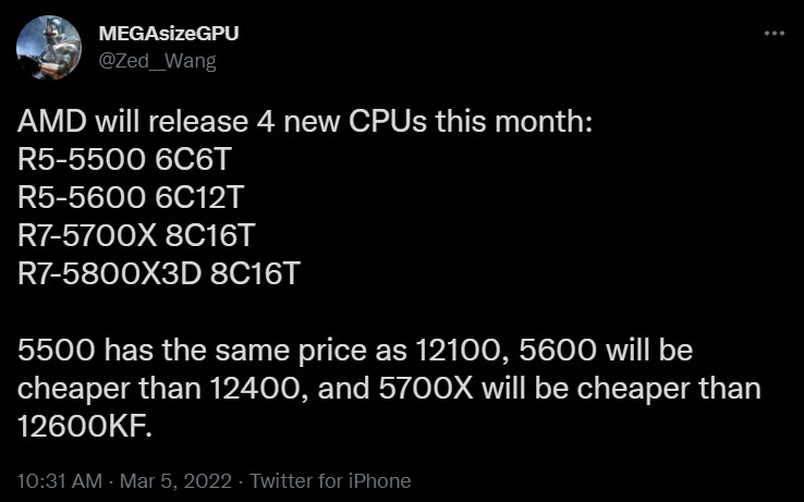 AMD Said to be Releasing no Less Than Four New Ryzen 5000-Series Chips in March