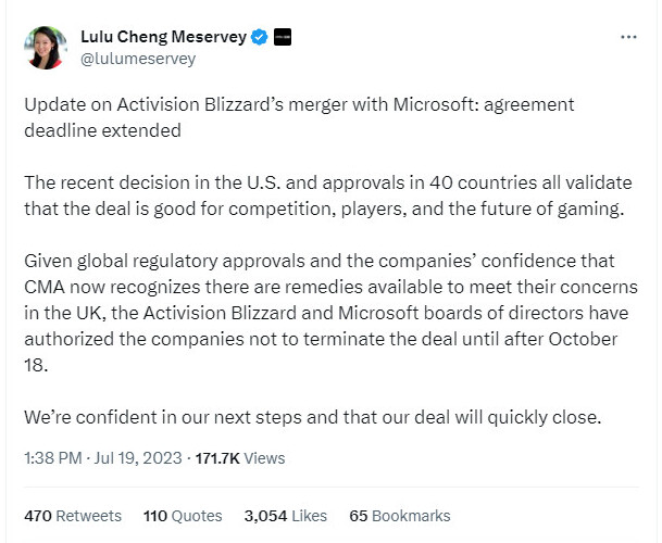 Microsoft and Activision-Blizzard Jointly Agree to Extend Merger Deadline  to October 18, 2023