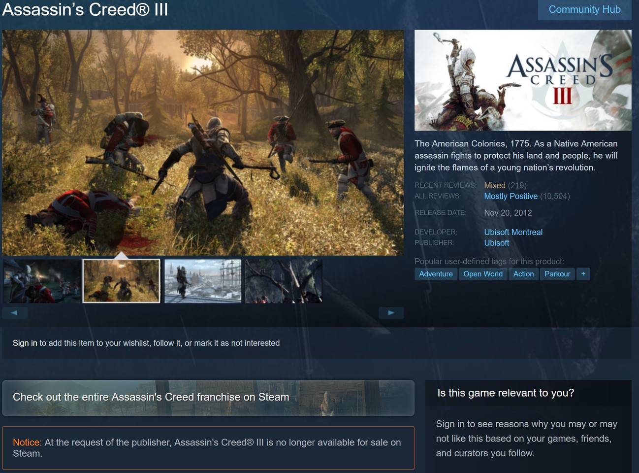 Assassin's Creed 3 Delisted From Steam and Uplay