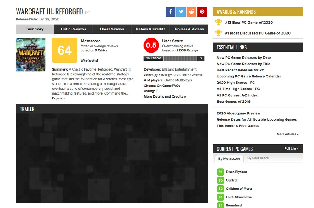 Warcraft 3: Reforged gets one of the lowest Metacritic user scores of all  time